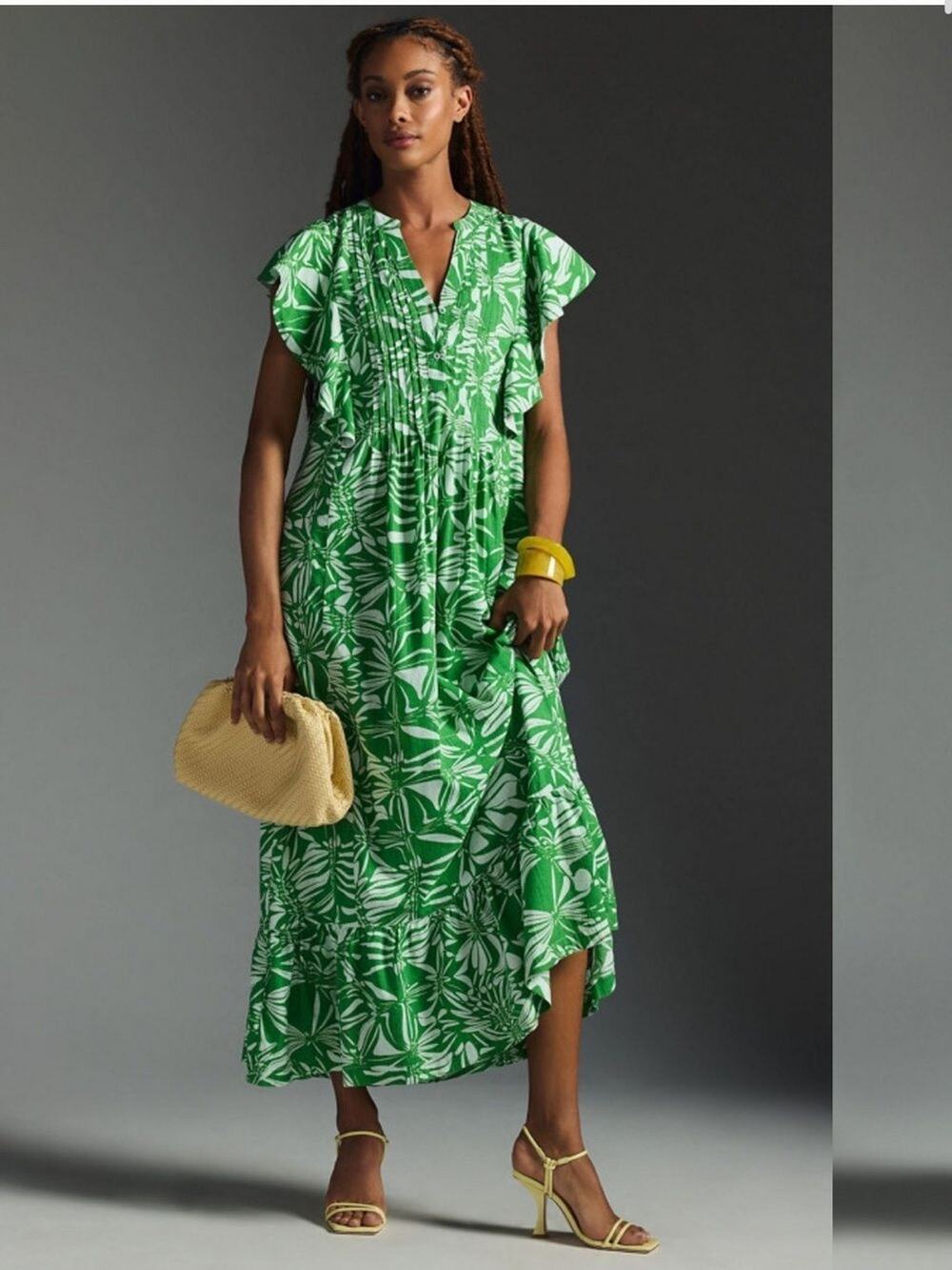 Maeve by Anthropologie Green White Floral Maxi Dress V-Neck Button 1X A010546